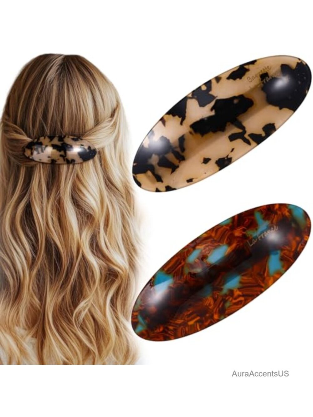 Acetate French Barrette Hair Clips Set of 2 Oval Tortoise Shell Clips for Women